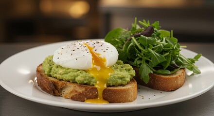 Indulge in the Exquisite Flavors of a Perfectly Poached Egg atop Creamy Avocado Toast, Garnished with Fresh Greens.