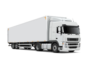 An isolated white semitrailer truck is parked with its shadow visible