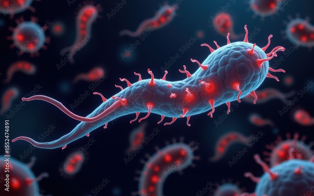 Poster microscopic view of a bacterium with visible structures and details.