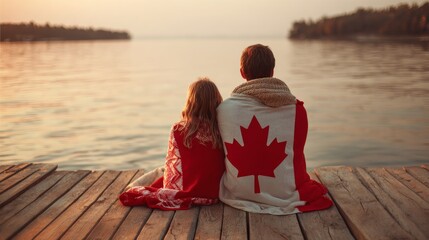 Father And Daughter Wrapped In Canadian Flag Sitting On Pier By Lake. Canada Day Celebration Outdoor