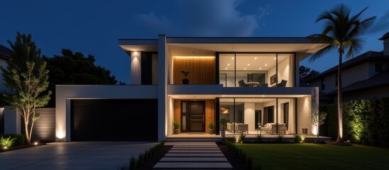 Modern house illuminated at night with tropical landscaping.