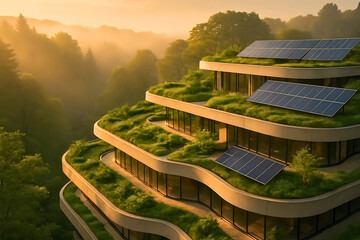 Terraced eco building covered in lush greenery and solar panels in a forest landscape during sunrise