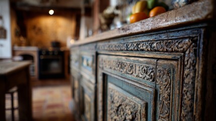 Detailed wooden cabinetry and fruit displays create a warm atmosphere in a rustic kitchen setting during the daytime