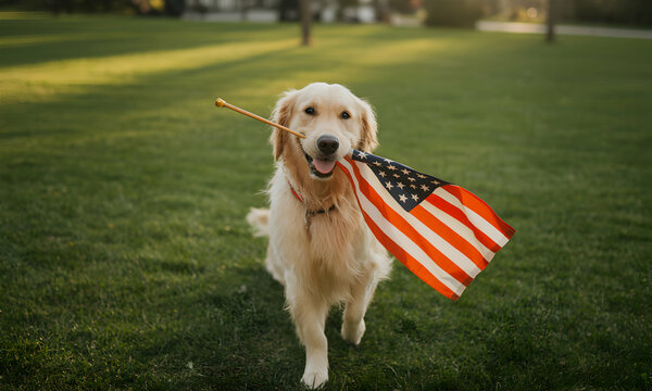 Golden Retriever Dog Holding American Flag in Park on Green Grass During Sunset - Powered by Adobe