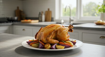 Golden-brown Roast Chicken with Roasted Root Vegetables, a picture-perfect Thanksgiving or Sunday dinner centerpiece, beautifully presented on a pristine white platter in a sunlit modern kitchen.