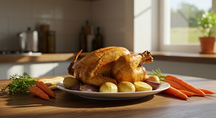 Golden-brown Roast Chicken with Roasted Vegetables Glistens in the Warm Kitchen Sunlight, a Picture of Rustic Culinary Delight.