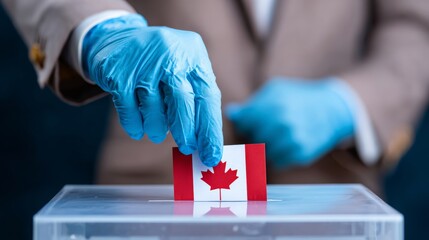 Person wearing suit casting vote in ballot slot,hand in blue PPE protective surgical glove dropping paper in box with CANADIAN flag,COVID-19 protection & polling station social distancing 