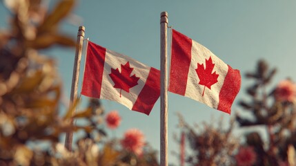 realistic canada day with two canadian flags 