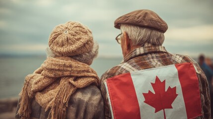 Senior couple and Canadian flag. Two elderly people, back view. Love to homeland.