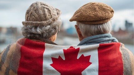 Senior couple and Canadian flag. Two elderly people, back view. Love to homeland.
