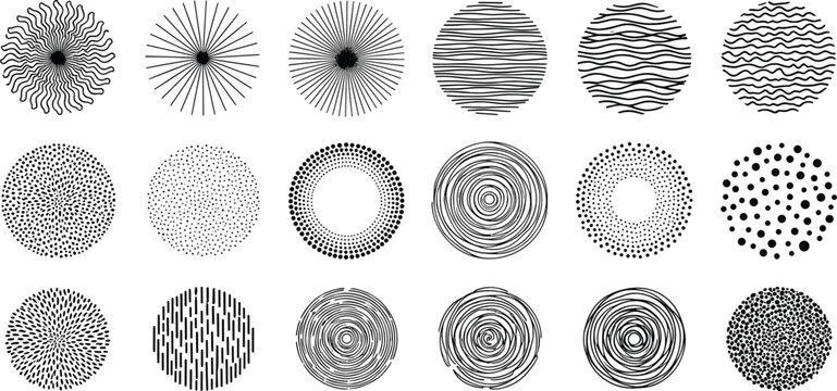 Set of round doodle hand drawn patterns and textures. Abstract organic shapes, different textured circles. Trendy vector graphic elements for cover, poster, banner, label, fabric, wallpaper, 