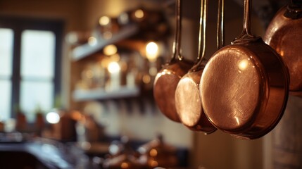 Copper cookware hanging in a warm, rustic kitchen during the late afternoon sunlight