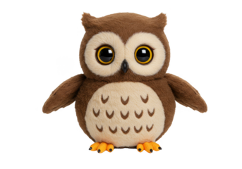 Isolated Transparent Background Plush Owl with Brown Fur and Big Eyes
