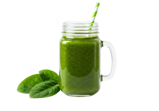 Isolated Transparent Background Photo of Green Smoothie in Jar with Leaf