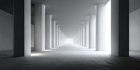 Fototapeta premium A long, minimalist hallway with evenly spaced white columns and bright light entering from windows at either end, creating a stark, modern aesthetic