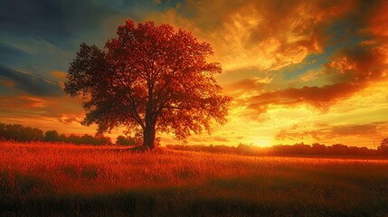 Fototapeta premium Majestic tree silhouetted against a vibrant sunset sky.