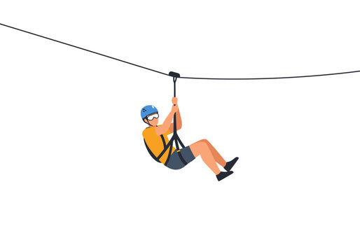 Man in blue helmet and harness rides a zipline against a white background