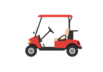 Red golf cart with tan seat black steering wheel and black tires on a white background