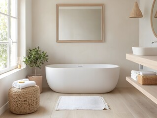 "Modern Bathroom with White Bathtub and Mirror"