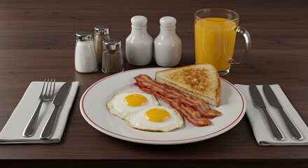 Savory Sunrise: A perfectly plated breakfast of fried eggs, crispy bacon, toast, and orange juice awaits.