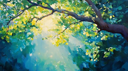 Vibrant sunlight filtering through lush green leaves in a serene atmosphere.