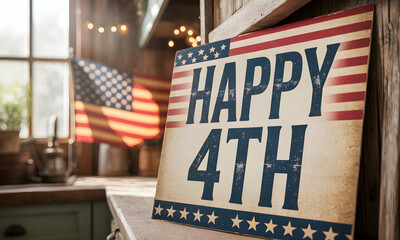Happy Fourth of July Sign with American Flag Decorations in Rustic Kitchen