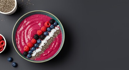 Indulge in this vibrant berry smoothie bowl, topped with fresh raspberries, blueberries, blackberries, chia seeds, and shredded coconut ? a delicious and healthy start to your day.