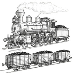 Vintage Steam Locomotive Illustration with Detailed Line Art on Transparent
