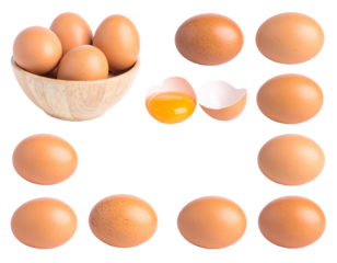 A collection of brown eggs, whole and cracked, displayed in a wooden bowl and individually