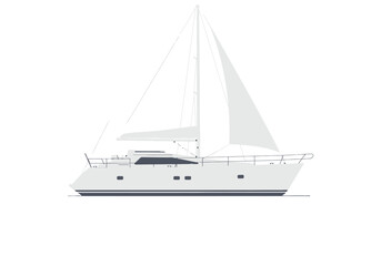 Side view of a sailboat showcasing sails rigging and hull details