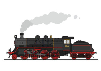 Side view of an old black locomotive engine with red wheels and a coal car emitting gray steam © Chico Store