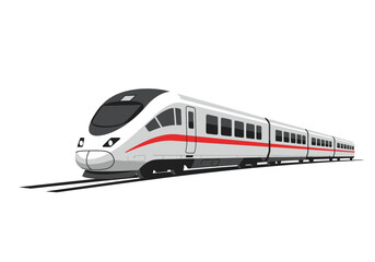 Naklejka premium Sleek highspeed train with multiple passenger cars on a dark gray railway