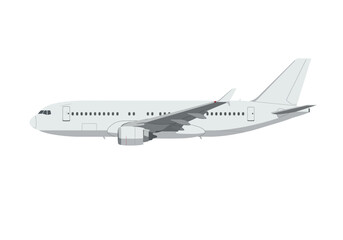 White airplane with wing engines seen from its side against a plain white background