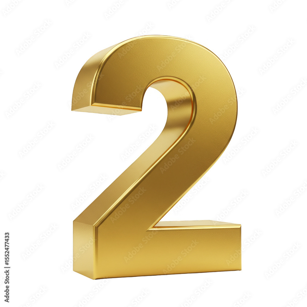 Fototapete metallic gold number two symbol 3d render on transparent background