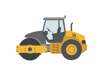 Yellow  grey road roller machine w cylindrical front wheel ladders to seat against a white background