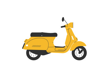 Yellow scooter with black seat and wheels stands against a white background