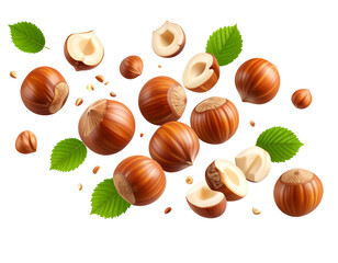A vibrant cluster of hazelnuts, whole and halved, interspersed with leaves and fragments, floats against a black background
