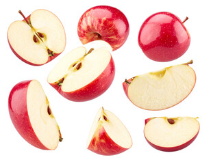Red apples, whole and sliced, against black background