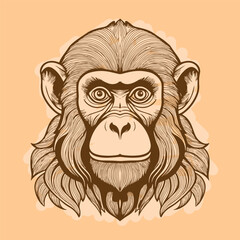 Handcrafted Monkey Head Art on Tan Background with Tribal Line Details