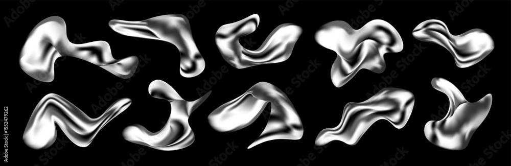 Aufkleber 3d liquid chrome shapes and molten silver blobs in futuristic y2k style. abstract metallic elements 
