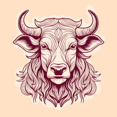 Hand Drawn Bull Head Illustration with Curly Horns and Detailed Line Art on a Beige Background