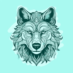 Ornate Wolf Head Hand-Drawn Artwork with Intricate Tribal Style on Cyan Background