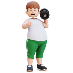 3D Plus Size Overweight Man with Dumbbells giving thumbs up