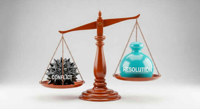 A balance scale weighs "CONFLICT" (spiky metal) against "RESOLUTION" (smooth, peaceful object), symbolizing the pursuit of peace.