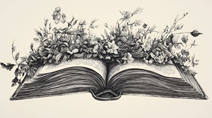 Open book overflowing with intricate floral illustrations in a monochrome style.