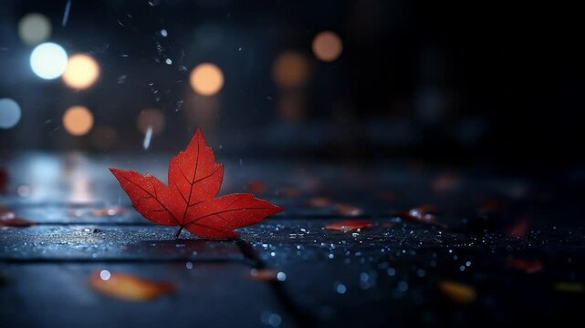 A Lone Leaf in Autumn Rain: A vibrant red leaf rests on a rain-slicked surface. capturing the serene beauty and melancholy of autumn amidst the soft glow of blurred background lights. 