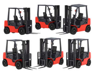 Multiple views of a red forklift, showcasing its design and functionality from various angles