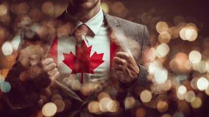 Businessman stretching suit with Canada Flag on bokeh background 