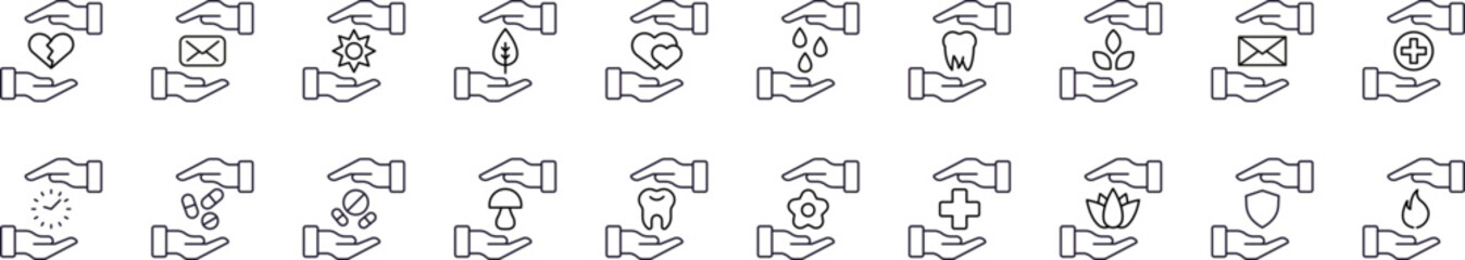 Health Care, Nature, Time, Envelope between Hands Outline Picture Collection. Editable Stroke. Perfect for Graphics, Designs, Books, Adverts, Apps