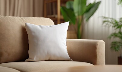 A plain white square throw pillow rests on a light beige fabric couch in a softly lit, homey room.  A blurred background hints at plants and shelving